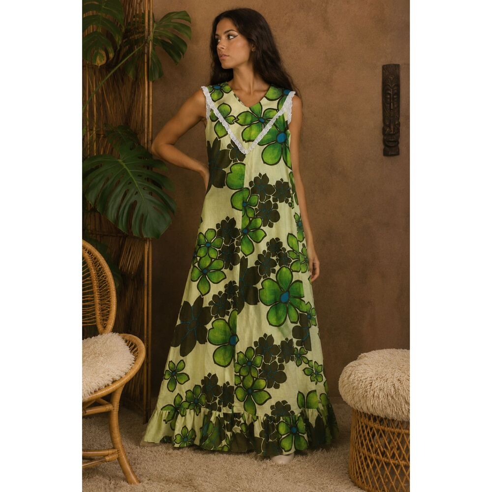 Vintage Ja-Nel Hawaii 70s Hawaiian Floral Maxi Dress Mod Green
